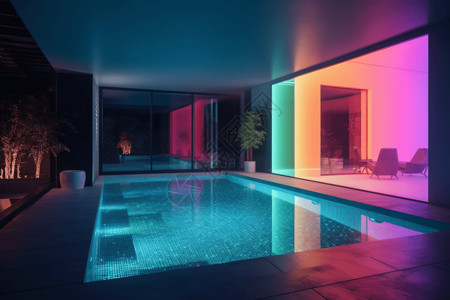 彩色玻璃门现代化彩色灯光泳池背景