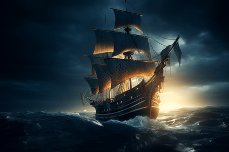 大海暴风雨暴风雨中的海盗船插画