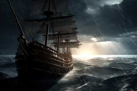 大海暴风雨暴风雨中的海盗船插画