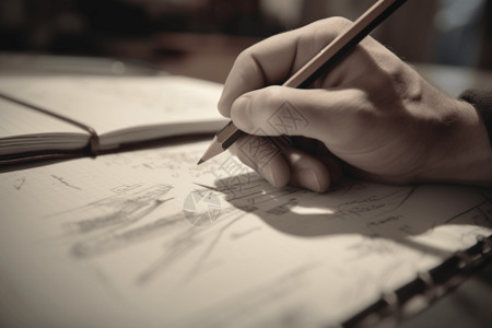 建筑设计草图一个学生手握铅笔的特写镜头背景
