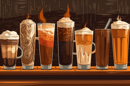 风味咖啡豆桌子上不同类型的咖啡饮料插画