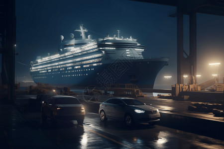 轮船码头夜间停在码头的客轮汽车插画