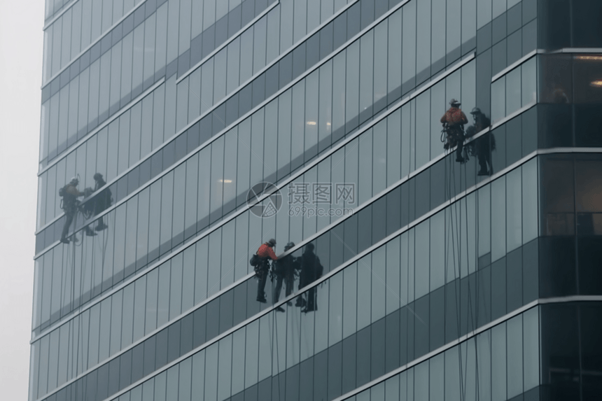 工人为高层建筑组装大玻璃窗图片