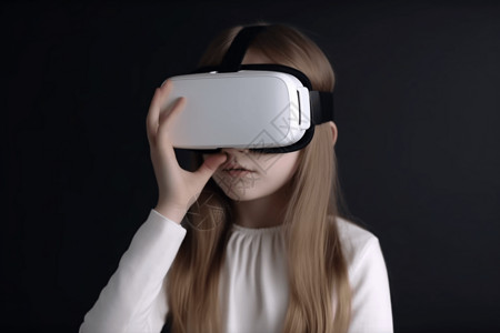 年轻女孩使用虚拟现实动作使用VR虚拟眼镜的女孩设计图片