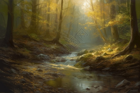 一幅流经森林的小溪背景图片