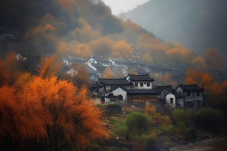 江南景色村庄景色设计图片