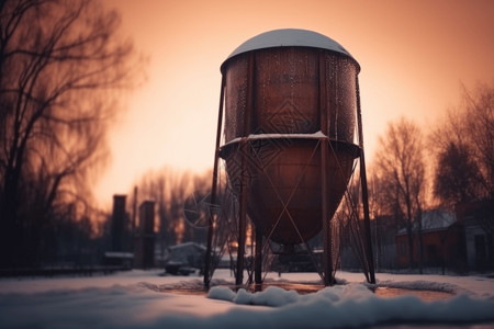 屹立在雪中的水塔图片