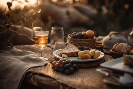 餐具上的葡萄桌布上的美食场景设计图片