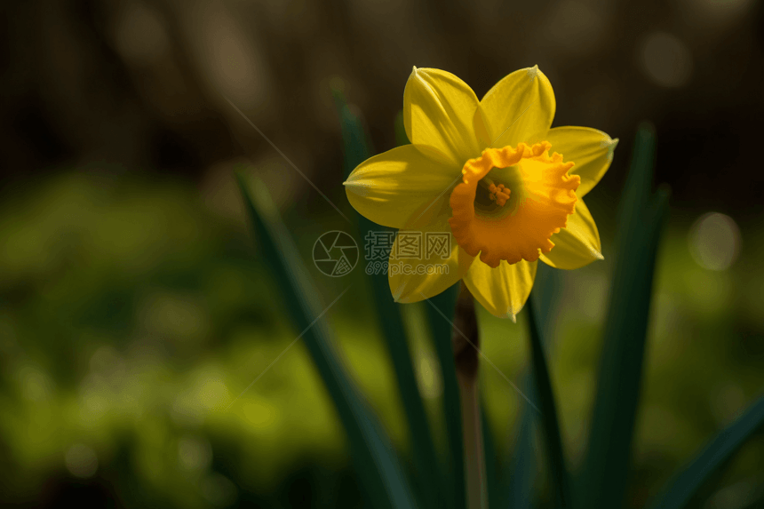 黄色水仙花在绿色花园背景下图片