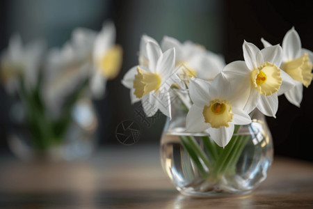 绿色透明花瓶玻璃花瓶中的白色水仙花背景
