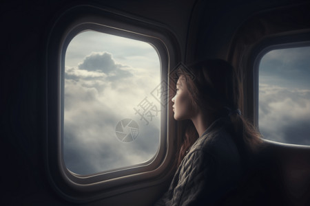 正在飞机素材一个女孩正在看机舱外的风景插画