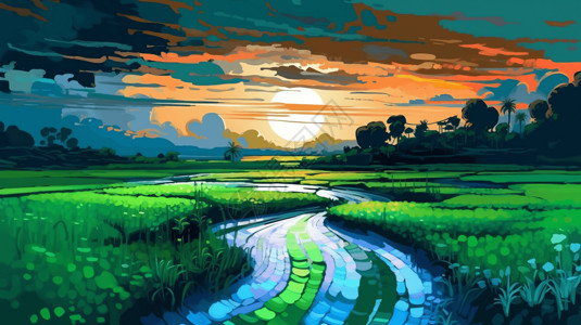 夕阳素材高清夕阳下的稻田插画