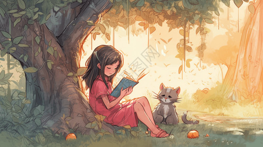 宁夏沙湖夏天女孩在大树下看书插画