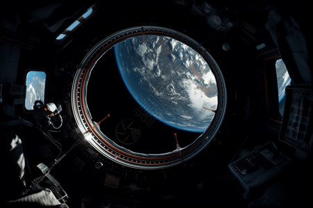 从空间站的窗户观看遥远的地球背景图片