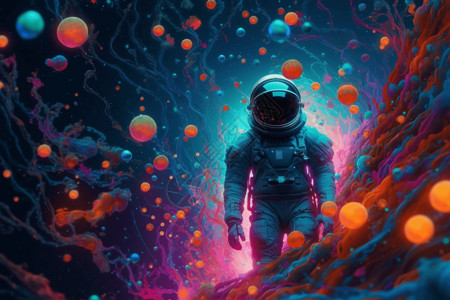 被彩色球体围绕的宇航员图片