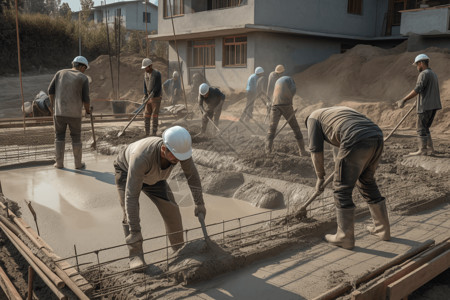 工人在浇筑混凝土建筑高清图片素材