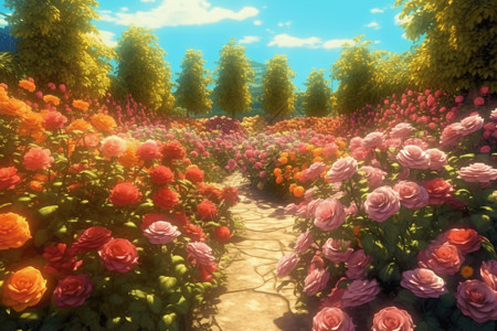 一幅郁郁葱葱的玫瑰园图片图片