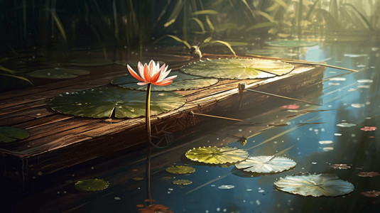 水百合荷叶夏季池塘的睡莲插画