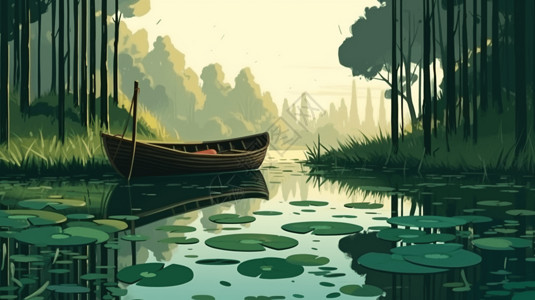 小木船漂浮在平静的水中背景图片