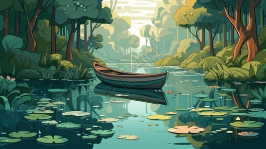 夏季小木船停在池塘上背景图片