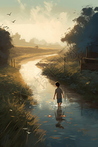 插画风夏季男孩在小溪边嬉戏高清图片