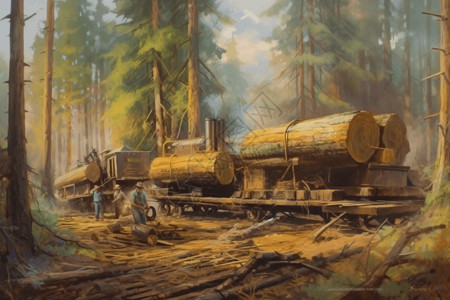 运输木材采伐树木运输插画
