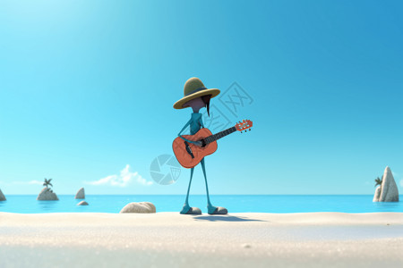 卡通弹吉他人物在海滩上弹吉他的卡通人物设计图片