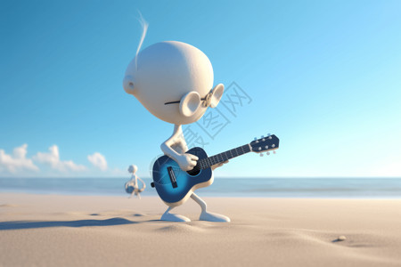 一个在海滩上弹吉他的卡通人物背景图片