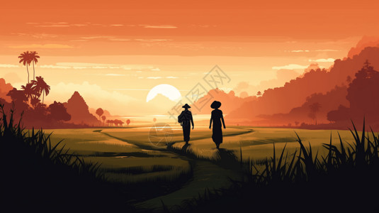 年轻夫妇牵手夕阳下一堆夫妻在稻田里插画