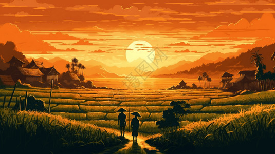 年轻夫妇过新年日落时的稻田插画