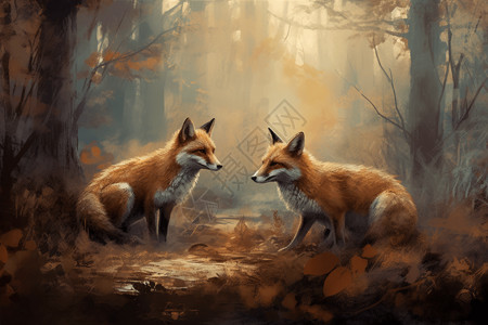 一幅森林中的动物画高清图片