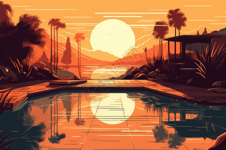 落日下的度假村泳池背景图片