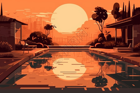 别墅度假村日落时水池的舒缓插画