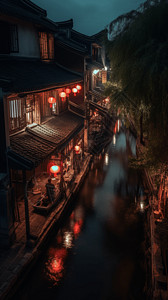 江南水乡夜景背景图片