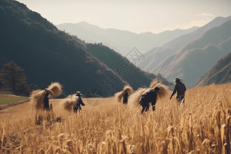 农民在高山田间收割庄稼图片