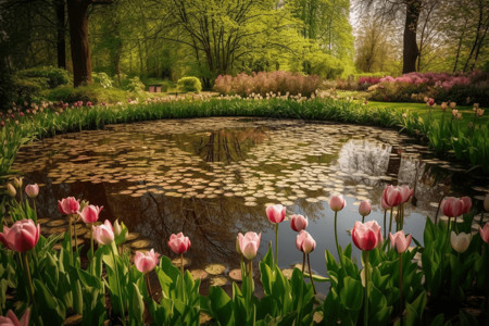 带小池塘的郁金香花园的景色，营造出宁静宁静的氛围。，高清背景图片