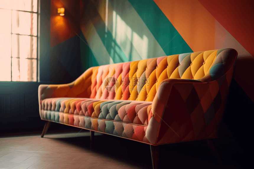 世纪中叶的现代沙发，带扭曲: 对角线视图，彩色背景，时髦的风格，自然采光。，高清图片
