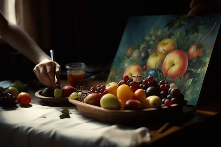 画画笔画一个人拿着画笔画水果的静物图背景