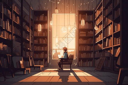 阅读区静静地坐在图书馆的学习区插画