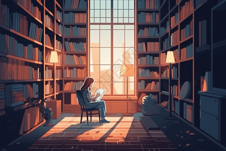 阅读区女学生静静地坐在图书馆的学习区插画