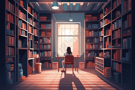 阅读区一个人静静地坐在图书馆的学习区插画