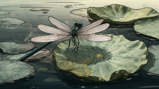 蜻蜓在莲瓣上休息高清图片