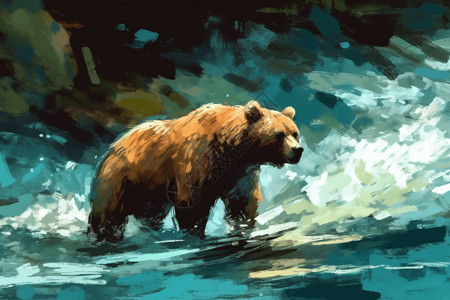 棕熊在急流中抓鱼的印象派风格油画高清图片