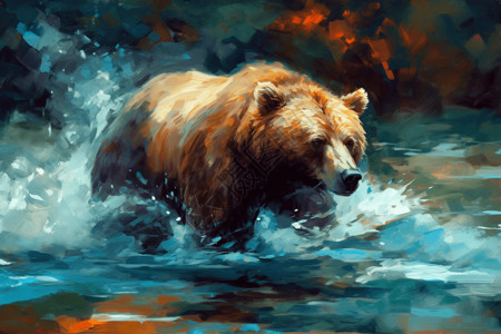 棕熊在急流中抓鱼高清图片