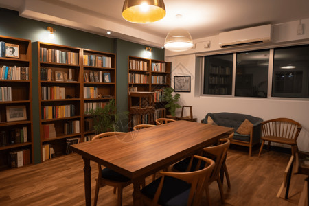 自修室配有学习桌舒适的椅子和书架的客厅设计图片