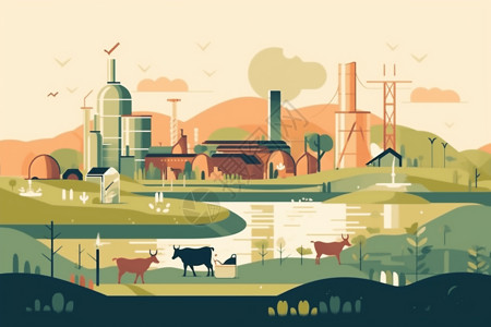 牛厂绿色能源沼气厂插画