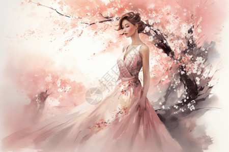 樱桃树素材优雅的女士水彩画插画