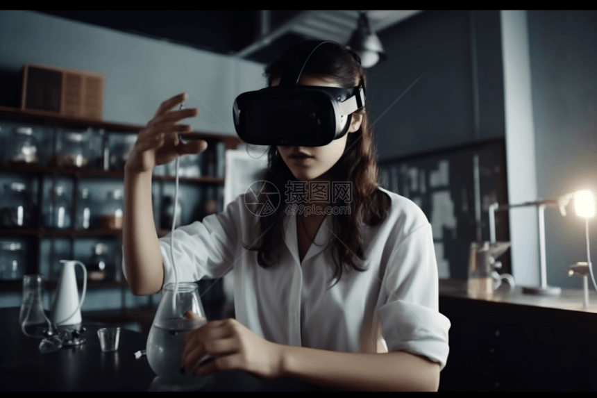 一名学生戴着VR耳机探索虚拟化学实验室图片