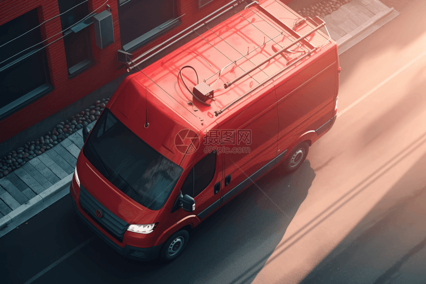 行驶在街道上的红色货车图片