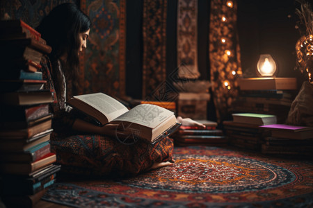 一个人盘腿坐在地毯上看书背景图片